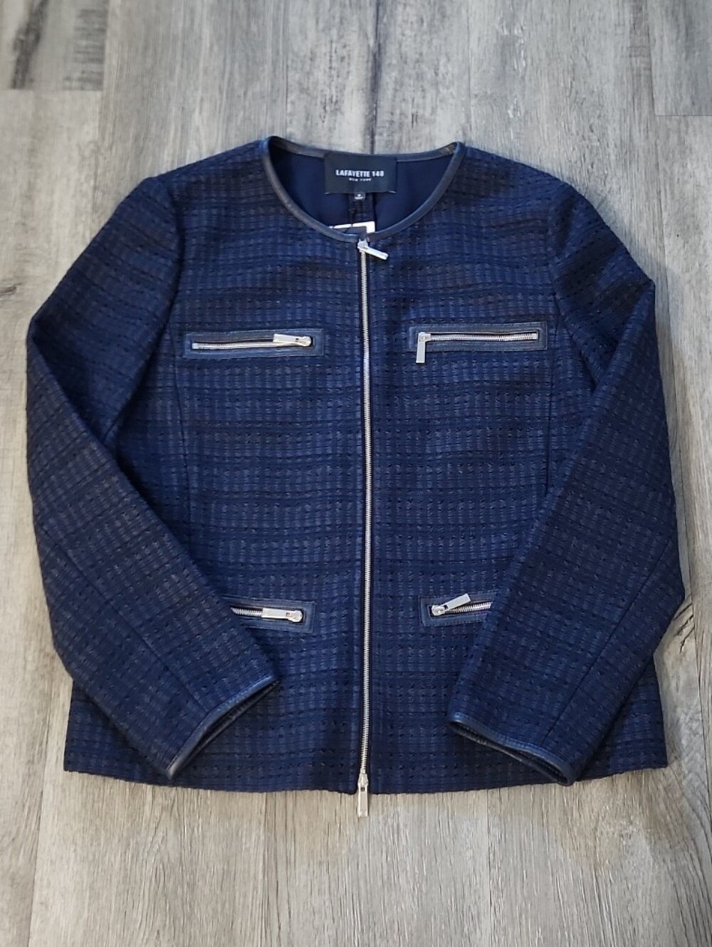 Lafayette 148 New York Navy Tweed Zip-Detail Jacket - Picture 6 of 10